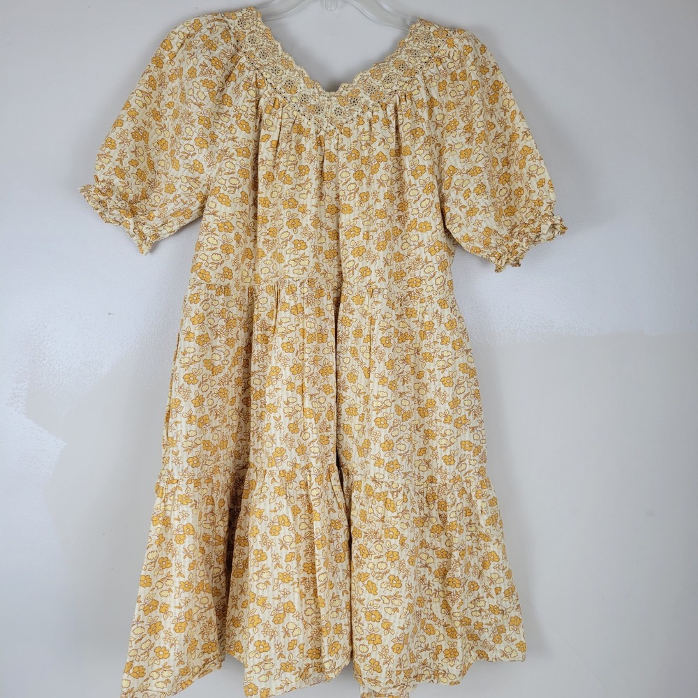 Madewell Yellow Floral Tiered Mini Dress Puff Sleeve Lace V-Neck Pockets Med - Picture 6 of 10